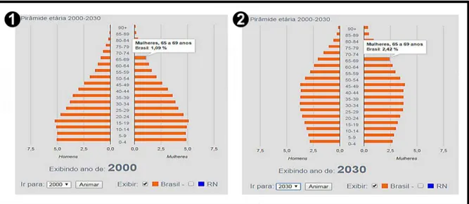 Figura 3. Pirâmide etária de ڤ 2.000 a ڥ 2.030 no Brasil com enfoque para a população feminina segundo o  IBGE 