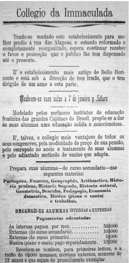 FIGURA 1 − Anúncio do Collegio da Immaculada –  Tribuna Catholica, 1900 