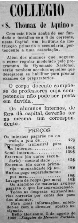 FIGURA 4 − Anúncio do Collegio S.  Thomaz de Aquino –  Tribuna Catholica, 1900  Fonte: Coleção Linhares – Biblioteca 