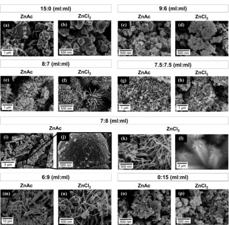 Figure 5. SEM micrographs of the nanostructures obtained by synthesis using ZnAc/ZnCl 2 as precursors, respectively, with the diﬀerent H 2 O:EDA volume ratios of (a, b) 15:0, (c, d) 9:6, (e, f) 8:7, (g, h) 7.5:7.5, (i−l) 7:8, (m, n) 6:9, and (o, p) 0:15.
