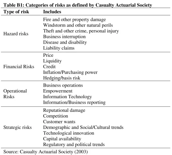 Table B1: Categories of risks as defined by Casualty Actuarial Society  Type of risk  Includes 