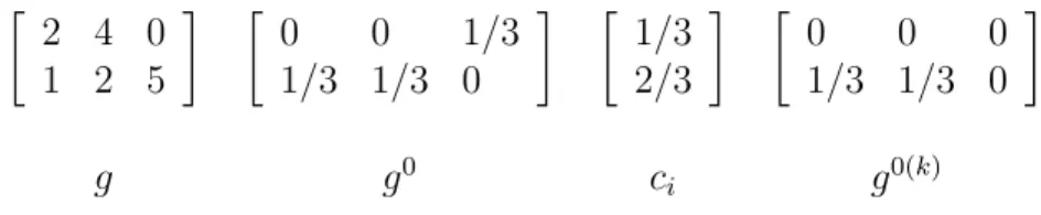 Figure 1: AF Methodology: the matrix evolution process  2 4 0 1 2 5   0 0 1/31/3 1/3 0   1/32/3   0 0 01/3 1/3 0  g g 0 c i g 0(k)