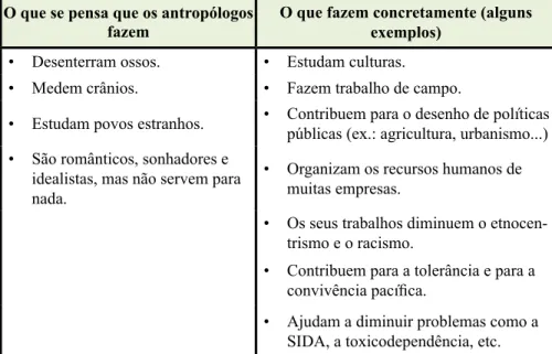 Figura nº 2: Quadro com os estereótipos e atividades próprias da antropologia