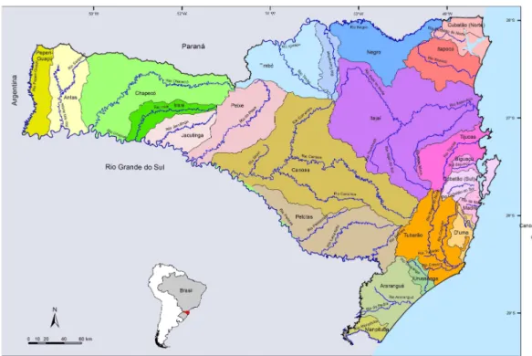 Figura 6: Limite das bacias hidrográficas e principais rio em Santa Catarina.