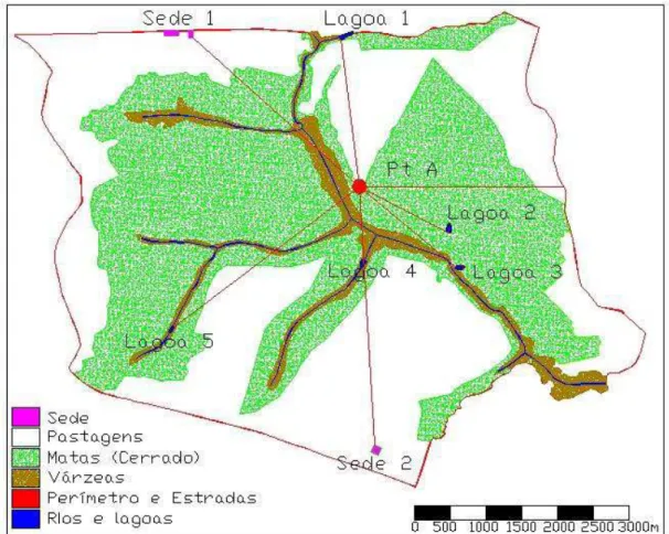 Figura 10. Distâncias do Ponto A para as sedes (1 e 2), as lagoas (1, 2, 3, 4 e 5) e estrada  externa da fazenda