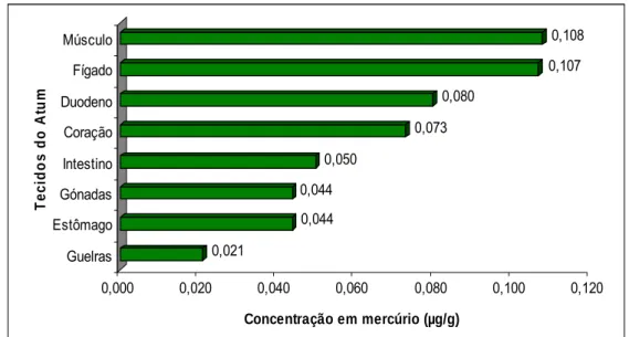 Figura 2. Concentração de mercúrio (µg/g) nos diferentes tecidos do atum  (Voegborlo, 2007)