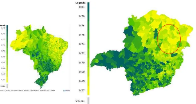 Figura 4.2 – Índice de Desenvolvimento Humano (IDH) em Minas Gerais.  Fonte: adaptado de IPEA (2005)