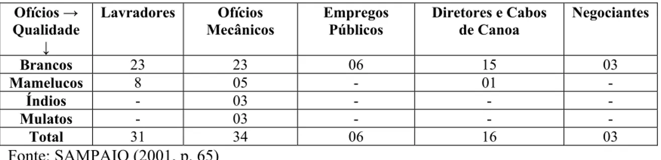 Tabela 3 – Militares com Ofício Declarado - Censo de 1778 – Rio Negro  Ofícios →   Qualidade  ↓  Lavradores   Ofícios  Mecânicos   Empregos Públicos   Diretores e Cabos de Canoa  Negociantes  Brancos  23 23  06  15  03  Mamelucos  8 05  -  01  -  Índios   