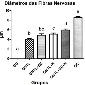 Figura 12 – Gráfico da Média (µm) dos diâmetros mínimos das fibras nervosas.  Letras diferentes indicam diferença estatística