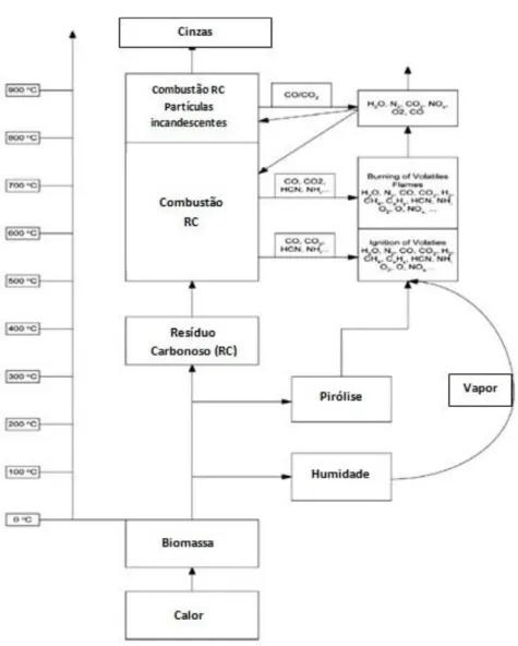 Figura 3.3 – Descrição esquemática do processo de combustão de estilha de madeira. Fonte: Khan et al., 2009