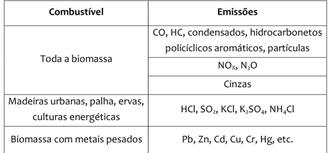 Tabela 3.2 – Fontes de emissões de poluentes na combustão de biomassa. Fonte: Werther et al., 2000