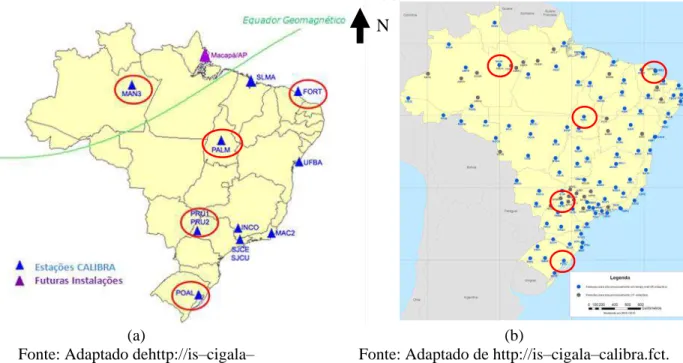 Figura 28 – Estações da rede CALIBRA/CIGALA (a), com destaque as estações próximas da  rede RBMC (b) 