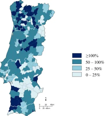 Figure  4  shows  a  map  of  mainland  Portugal  with  the  percent  bill  accrual  per  municipality for 5m 3 /month