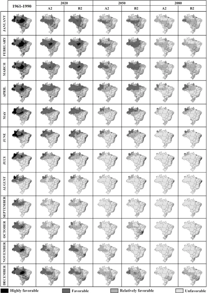 Figure  1.  Spatial-temporal  distribution  of  moniliasis  climate  favorability  classes  in  Brazil  in  the  current  period  (average  1961  to  1990)  and  in  the  future (2020,  2050  and  2080)  for  scenarios A2  and  B2.