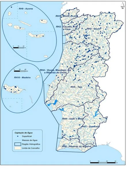 Figura 1-2: Distribuição de captações de água superficial em Portugal  continental.  