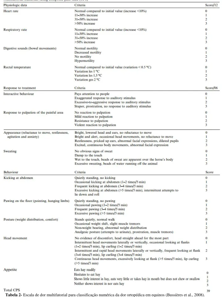Tabela 2- Escala de dor multifatorial para classificação numérica da dor ortopédica em equinos (Bussières et al., 2008)