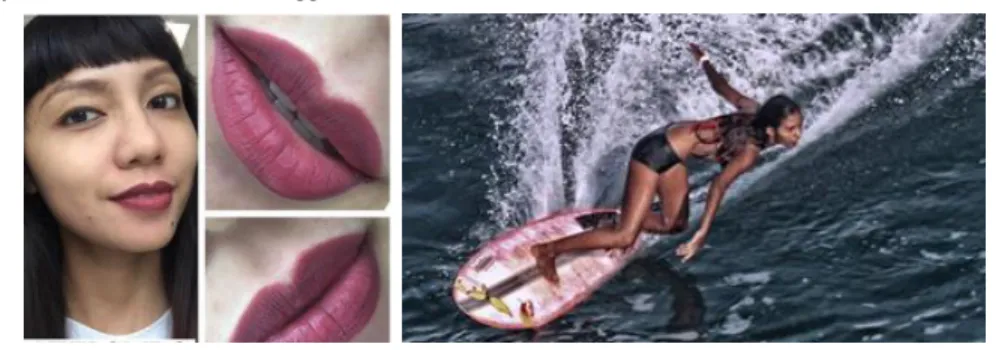 Figure 8: Instagram-Blogger Trinzi on matching lipstick colours to Indonesian skin tones  (#kulitpesonakayubakar on Instagram, 2016) Figure 9: Salini Rengganis, female Indonesian pro surfer (Indo Surf Life, 2012)
