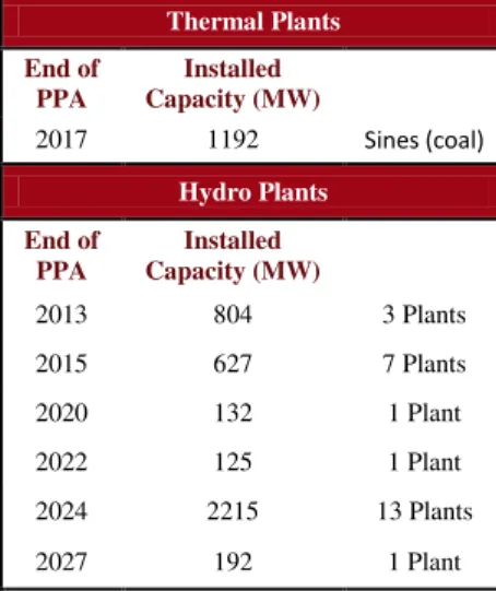 Table 5: Power Plants under PPA/CMEC  Thermal Plants  End of  PPA  Installed  Capacity (MW)  2017  1192  Sines (coal)  Hydro Plants  End of  PPA  Installed  Capacity (MW)  2013  804  3 Plants  2015  627  7 Plants  2020  132  1 Plant  2022  125  1 Plant  20