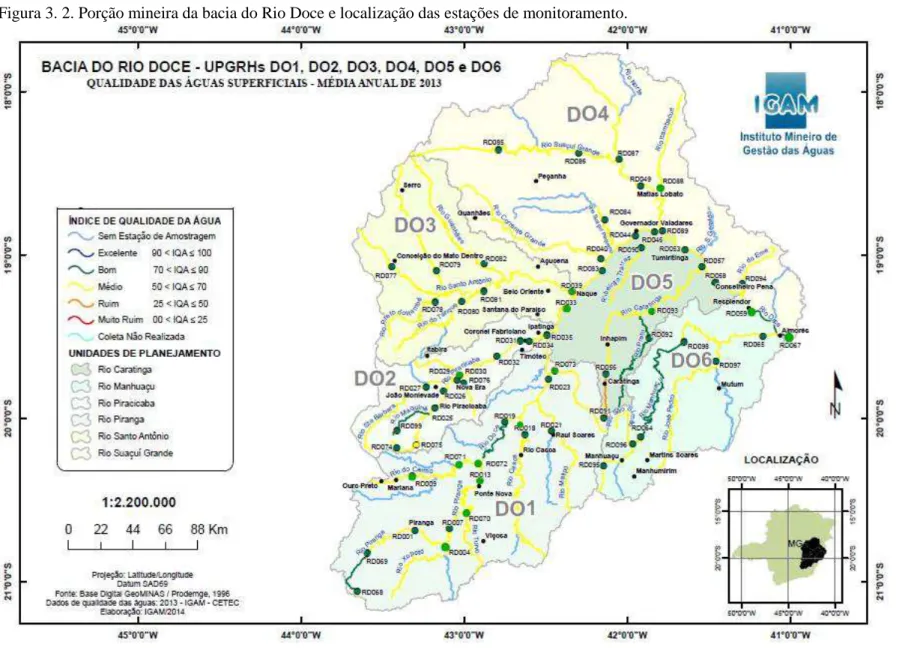 Figura 3. 2. Porção mineira da bacia do Rio Doce e localização das estações de monitoramento