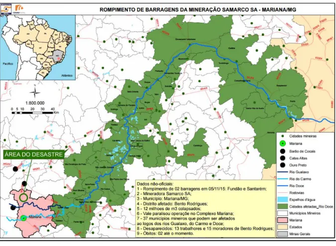 Figura 5. 5. Rompimento de barragens e áreas ao longo dos rios Gualaxo do Norte, do Carmo, e rio  Doce