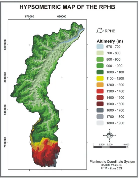 FIGURE 4.  Hypsometric map of the  Rio Preto Hydrographic Basin (RPHB).