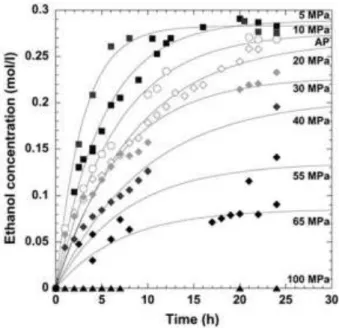 Figure 11 Kinetics of ethanol production as a function of pressure to 100 MPa (Picard et al., 2007) 