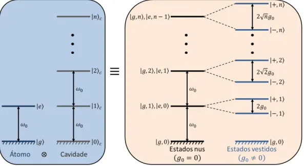 Figure 2.1: Da esquerda para direita, tem-se os níveis de energia para o átomo de dois níveis e para o modo da cavidade; os níveis degenerados de energia do sistema total átomo+cavidade sem interação (estados nus - g 0 = 0); e os níveis de energia do siste