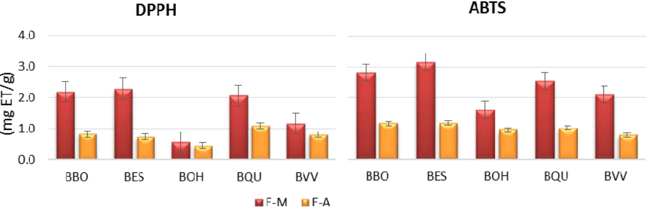 Figura 11: Teor em taninos totais e em antocianinas totais da cultivar Bluecrop  Figura 10: Atividade antioxidante dos extratos de metanol e acetona das amostras da cultivar 