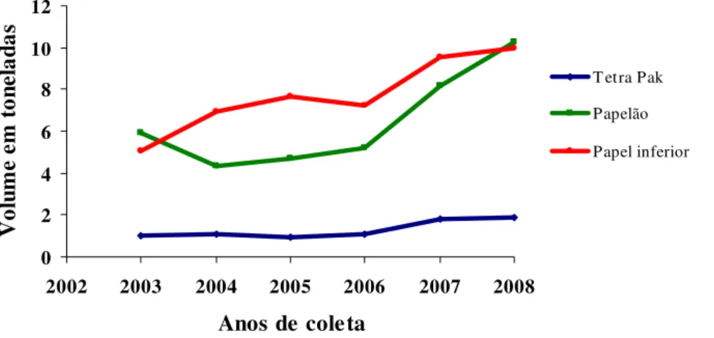 Figura 6. Evolução do volume (t) médio dos tipos de papéis de 2003 a 2008 