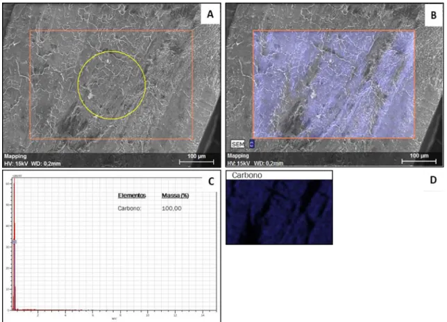 Figura 21 – Micrografia de SEM (A), mapeamento de elementos químicos (B) e análise por EDS (C) de  uma amostra de PP