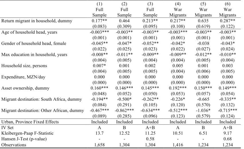 Table 6: Probability of owning a business. 2SLS estimates.     (1)  (2)  (3)  (4)  (5)  (6)     Full  Sample  Full  Sample  Full  Sample  War  Migrants  War  Migrants  War  Migrants  Return migrant in household, dummy  0.177**  0.464  0.213**  0.217**  0.6