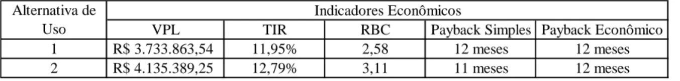 Tabela 8. Resultado dos indicadores de viabilidade econômica. 