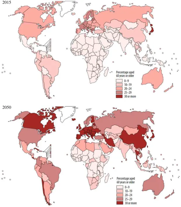 Figura 1 – Proporção de pessoas com 60 anos ou mais, por país, em 2015 e as projeções para 2050