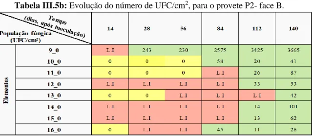 Tabela III.5b: Evolução do número de UFC/cm 2 , para o provete P2- face B.   