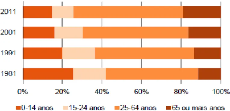 Figura 2. Evolução da estrutura da população residente em Portugal por grupos etários  nos anos de 1981, 1991, 2001, 2011 (adaptado de INE, 2011) 