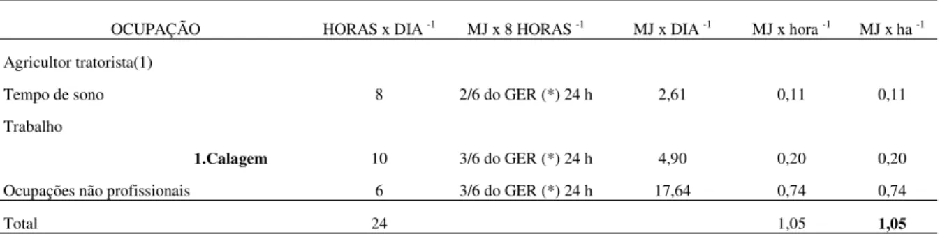 Tabela AP02: Cálculo de necessidades calóricas referentes a 24 horas para cada agricultor  estudado