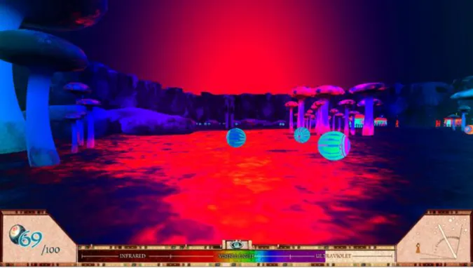 Figura  1:  Captura  da  tela  do  cenário  do  game  “A  slower  speed  of  light”.  No  canto  inferior  esquerdo  está  o  contador de orbs e no direito o indicador de velocidade do jogador e da velocidade da luz (ponteiro branco)