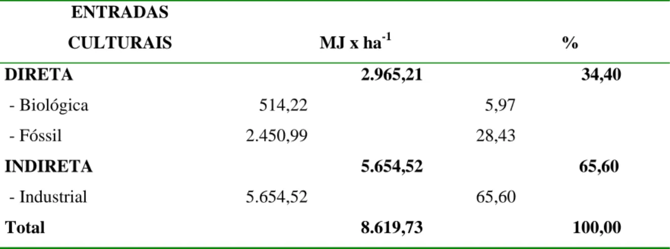 Tabela 5 – Total de entradas de energia: tipo direta e indireta, em MJ x ha -1 , e participação  percentual
