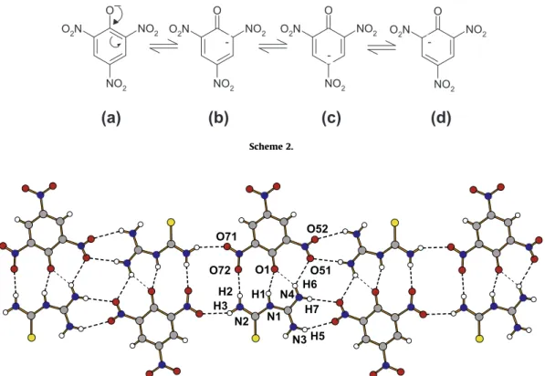 Fig. 2. Pseudo-one dimensional hydrogen bonded chain of 1-(diaminomethylene)thiouron-1-ium picrate.