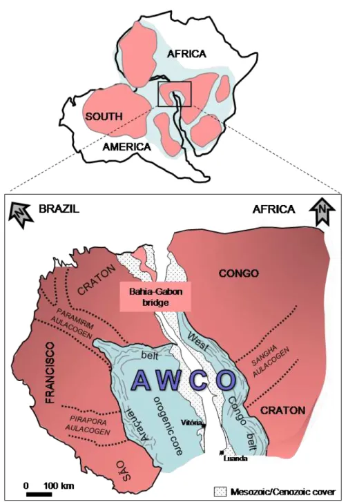 Figure 1. Geotectonic setting of the Araçuaí-West Congo orogen and related aulacogens and cratons (modified from Alkmim et al