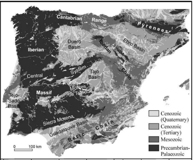 Figura 1 - Mapa Geológico e as características fisiográficas da Península Ibérica, por BENITO- BENITO-CALVO et al 2009 