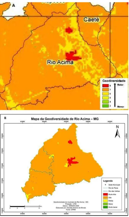 Figura 7  – Comparativo da geodiversidade no munícipio de Rio Acima, A:  PEREIRA(2014); B: Presente Estudo