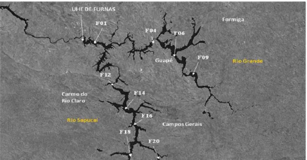 Fig. 6 – Imagem de Satélite demonstrando o Reservatório de Furnas e os pontos a serem  estudados (F01, F04, F06, F09, F12, F14, F16, F18, F20 (www.flashearth.com) 