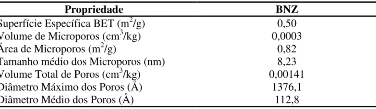 Tabela 2. 4: Valores de superfície específica e porosidade das partículas de BNZ  obtidos através da análise de BET