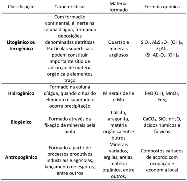 Tabela 1:  Classificação dos componentes dos sedimentos, de acordo com sua origem. (Poleto,  2008)