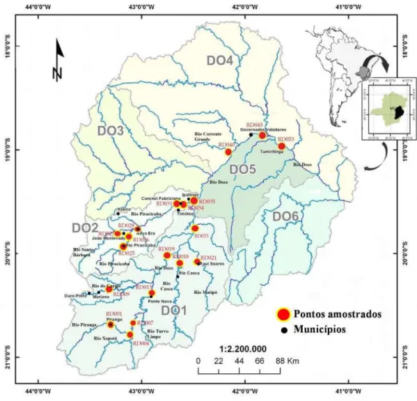 Figura 3: Localização dos pontos de coleta na Bacia Hidrográfica do Rio Doce (modificado de IGAM,  2010a) 