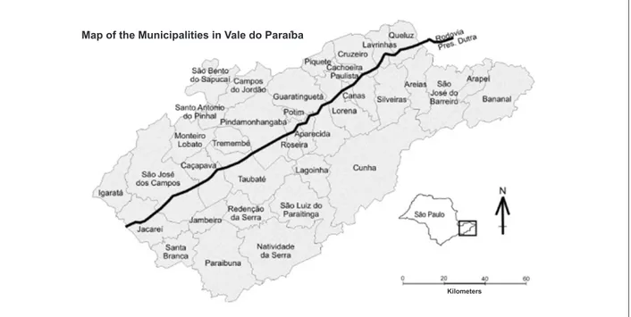 Figure 1 - Municipalities of the Vale do Paraíba, with the Dutra Highway highlighted. (Nascimento et a., 2007).