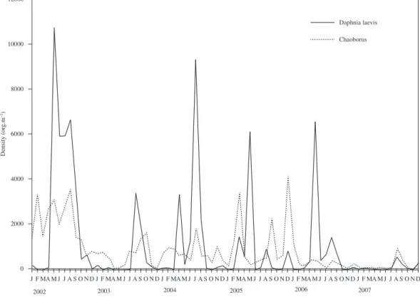 Figure 5. Population fluctuations of Chaoborus and Daphnia laevis between 2002 and 2007.