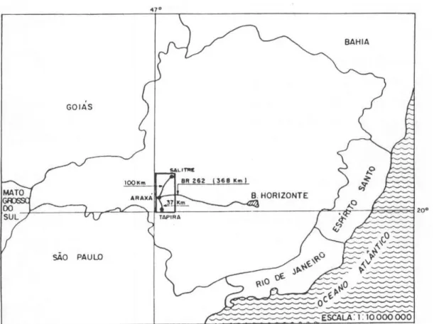 Figura  1  -  Mapa  de  situação  regional  do  complexo  de  mineração  de  Tapira-MG  (Melo, 