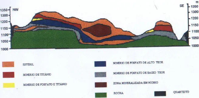Figura  3  -  Perfil  esquemático  das  diferentes  zonas  mineralizadas  da  jazida  de  Tapira  (CVRD Revista, 7, 23, 1986; apud Soubiès et al., 1991)